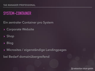 TAG MANAGER PROFESSIONAL
SYSTEM-CONTAINER
Ein zentraler Container pro System
▸ Corporate Website
▸ Shop
▸ Blog
▸ Microsites / eigenständige Landingpages
bei Bedarf domainübergreifend
 