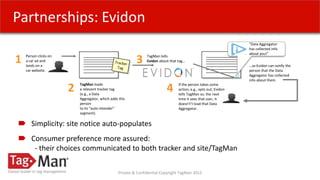 Partnerships: Evidon
                                                                                                                    “Data Aggregator
                                                                                                                    has collected info
                                                                                                                    about you!”

1   Person clicks on
    a car ad and
    lands on a
                                                           3     TagMan tells
                                                                 Evidon about that tag…
                                                                                                                    …so Evidon can notify the
    car website.                                                                                                    person that the Data
                                                                                                                    Aggregator has collected
                                                                                                                    info about them.

                       2   TagMan loads
                           a relevant tracker tag
                           (e.g., a Data
                                                                            4      If the person takes some
                                                                                   action, e.g., opts out, Evidon
                                                                                   tells TagMan so, the next
                           Aggregator, which adds this                             time it sees that user, it
                           person                                                  doesn't’t load that Data
                           to its “auto intender”                                  Aggregator.
                           segment).

       Simplicity: site notice auto-populates
       Consumer preference more assured:
        - their choices communicated to both tracker and site/TagMan

                                                  Private & Confidential Copyright TagMan 2012
 