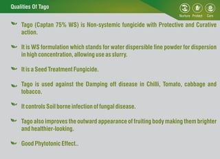 Qualities Of Tago
Tago (Captan 75% WS) is Non-systemic fungicide with Protective and Curative
action.
It is WS formulation...