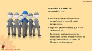 Os COLABORADORES são
responsáveis ​​por:
• Auxiliar no desenvolvimento de
procedimentos específicos de
equipamento;
• Seguir os procedimentos que foram
desenvolvidos;
• Comunicar quaisquer problemas
associados a esses procedimentos, ao
equipamento ou ao processo de
bloqueio e etiquetagem.
 