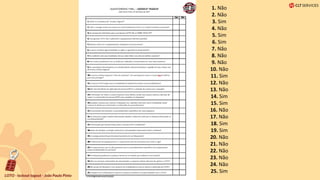 1. Não
2. Não
3. Sim
4. Não
5. Sim
6. Sim
7. Não
8. Não
9. Não
10. Não
11. Sim
12. Não
13. Não
14. Sim
15. Sim
16. Não
17. Não
18. Sim
19. Sim
20. Não
21. Não
22. Não
23. Não
24. Não
25. Sim
 