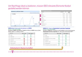 Um Nachfrage ideal zu bedienen, müssen SEO relevante Elemente flexibel
gestaltet werden können

      DSDS
                                                   !
                                                   !

                                                   !
                                                   !


                                                   !




                    KW in Title?   KW in Descr.?       KW in Title?   KW in Descr.?




                        X              X
                        X              X
                        X              X
                        X              X
                        X              X

  Editierbarkeit im Backend schaffen!
 