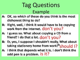 Tag Questions
Example
don’t you?
don’t you?
is it?
should I?