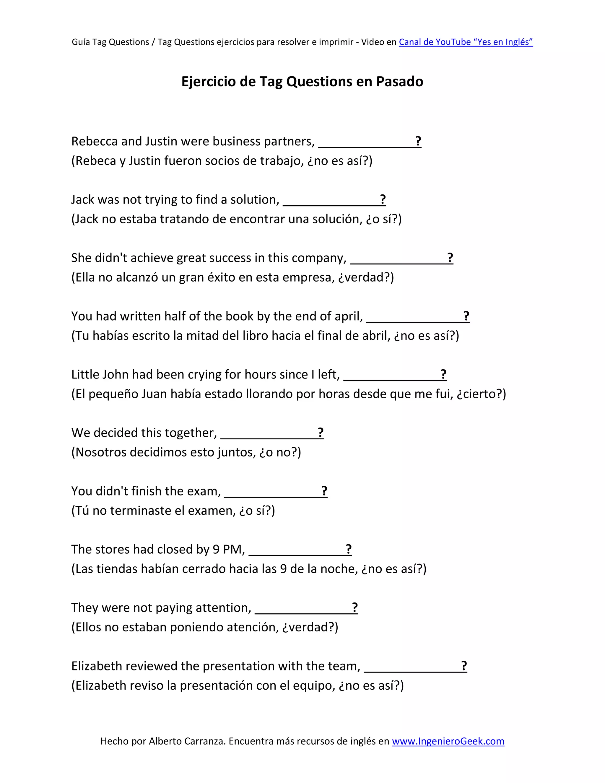Tag Questions ejercicios para resolver e imprimir en pdf / Question ...