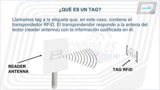 ¿QUÉ ES UN TAG?
Llamamos tag a la etiqueta que, en este caso, contiene el
transpondedor RFiD. El transpondendor responde a la antena del
lector (reader antenna) con la información codificada en él.
TAG RFiD
READER
ANTENNA
 