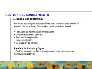 GESTION DEL CONOCIMIENTO   1.  Bases Conceptuales. Distintas estrategias empresariales para las empresas con el fin de reaccionar y hacer frente a las presiones del mercado: Procesos de reingeniería empresarial. Gestión total de la calidad. Reducción de plantilla. Subcontratación. Delegación de tareas. La eficacia limitada y fugaz . ¿Cuál es el modo de las organizaciones para mantener su ventaja competitiva? 