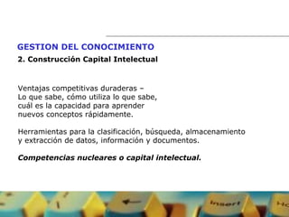 Ventajas competitivas duraderas –  Lo que sabe, cómo utiliza lo que sabe,  cuál es la capacidad para aprender  nuevos conceptos rápidamente. Herramientas para la clasificación, búsqueda, almacenamiento  y extracción de datos, información y documentos. Competencias nucleares o capital intelectual. GESTION DEL CONOCIMIENTO   2. Construcción Capital Intelectual 
