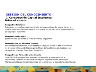 GESTION DEL CONOCIMIENTO   2. Construcción Capital Intelectual Balanced  Score Card Perspectiva Financiera Orientación principal es maximizar el valor de los accionistas. De alguna forma, se  trata de medir la creación de valor en la organización, se trata de incorporar la visión  de los propios accionistas. Perspectiva del Cliente Satisfacción de los clientes a corto, mediano y largo plazo. Perspectiva de los Procesos Internos Relacionada estrechamente con la cadena de valor por cuanto se han de identificar  los procesos críticos, estratégicos, para el logro de los objetivos planteados en las  perspectivas externas: financiera y de clientes Perspectiva de Formación y Crecimiento capacidad de la empresa para aprender, para adaptarse, para comenzar a  impulsarse y crecer en sus recursos estratégicos de primer orden: Tecnología,  Alianzas estratégicas , las competencias  de la empresa, la estructura organizativa. 