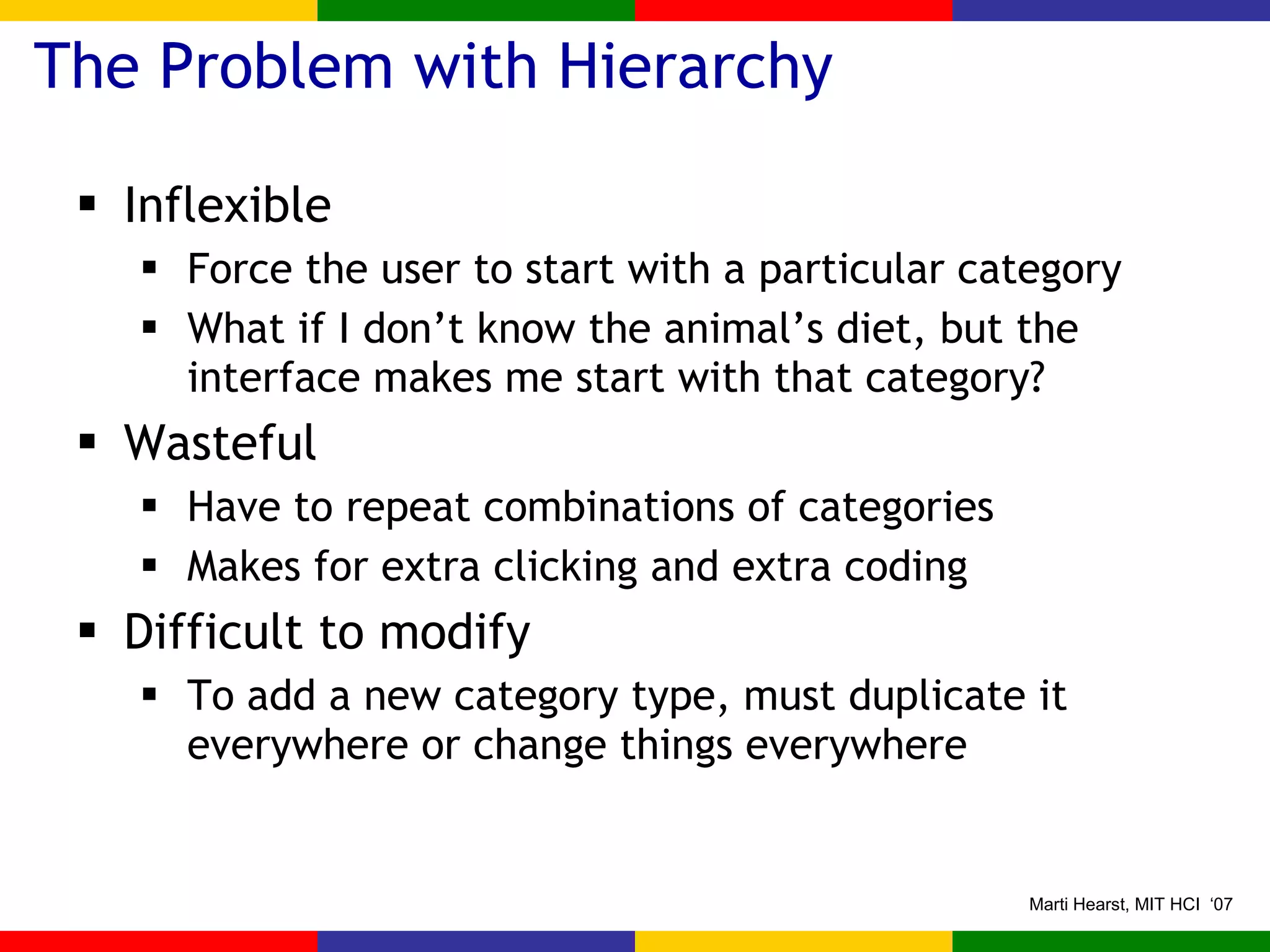 Inflexible Force the user to start with a particular category What if I don’t know the animal’s diet, but the interface makes me start with that category? Wasteful Have to repeat combinations of categories Makes for extra clicking and extra coding Difficult to modify To add a new category type, must duplicate it everywhere or change things everywhere The Problem with Hierarchy 