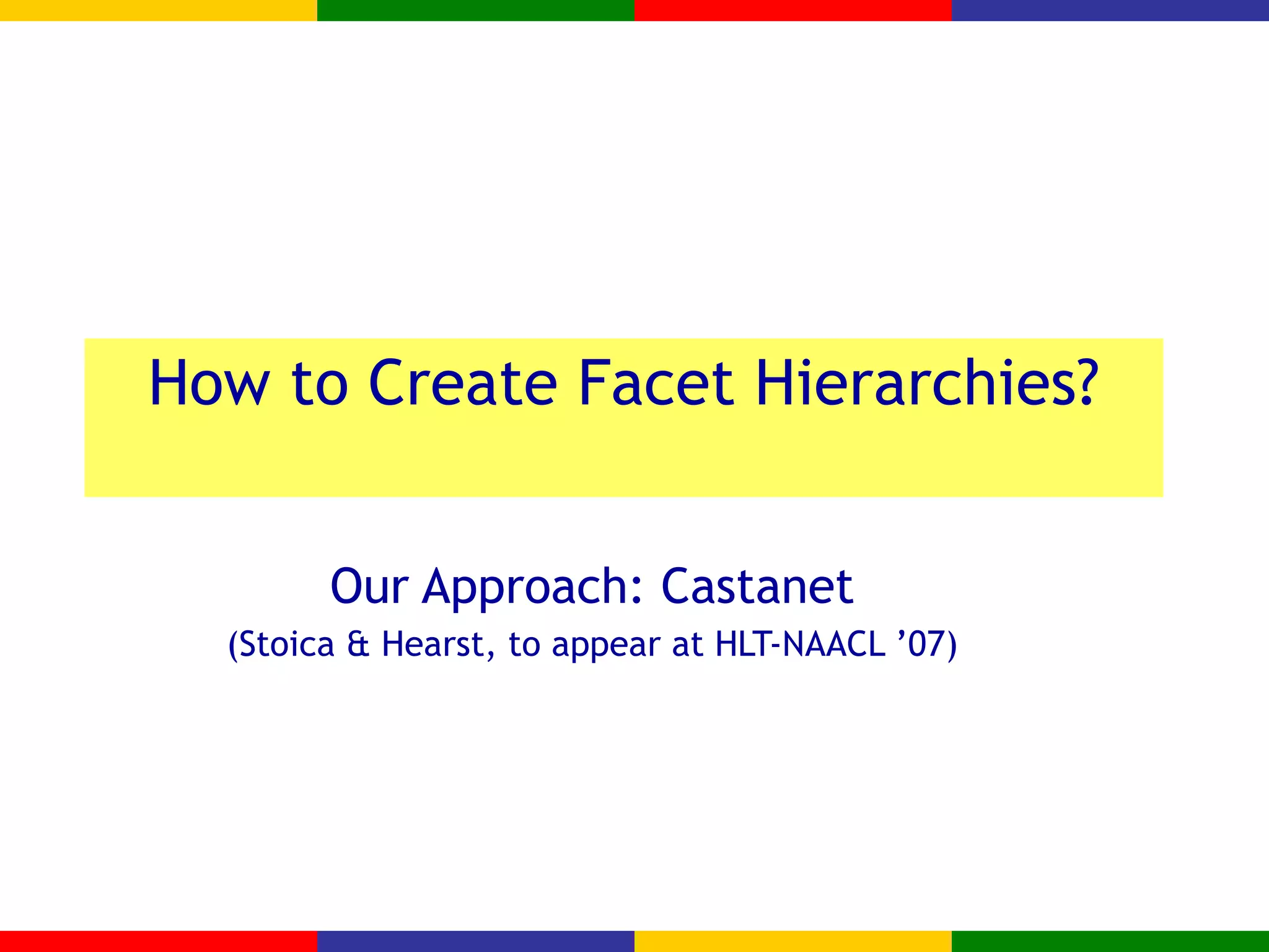 How to Create Facet Hierarchies? Our Approach: Castanet (Stoica & Hearst, to appear at HLT-NAACL ’07) 
