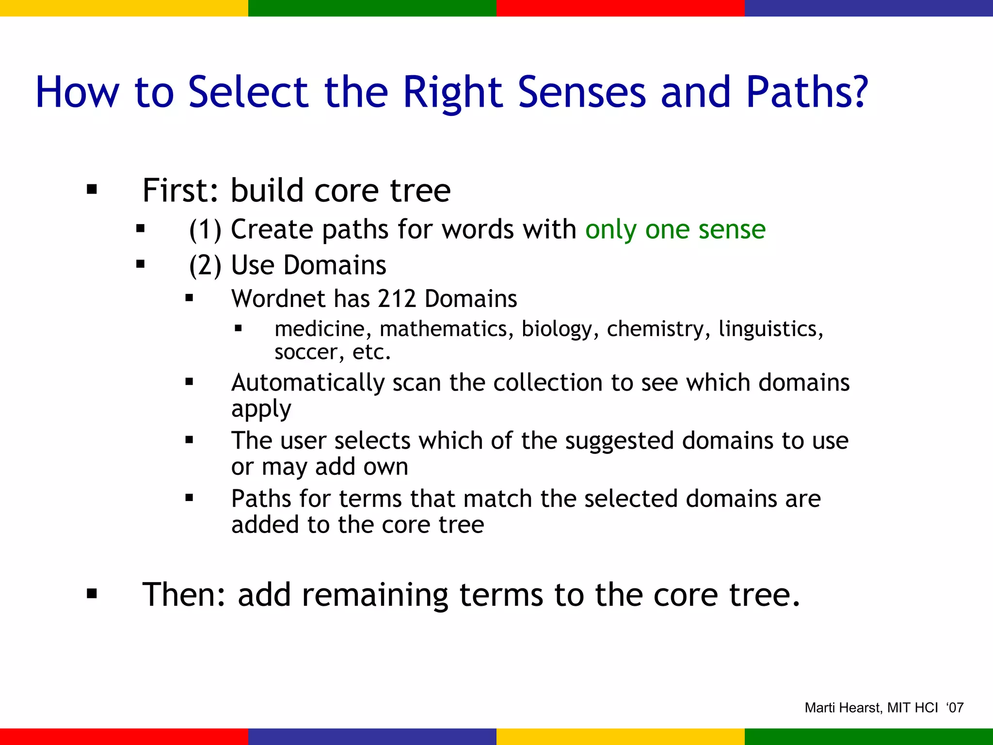 How to Select the Right Senses and Paths? First: build core tree (1) Create paths for words with  only one sense (2) Use Domains  Wordnet has 212 Domains medicine, mathematics, biology, chemistry, linguistics, soccer, etc. Automatically scan the collection to see which domains apply The user selects which of the suggested domains to use or may add own  Paths for terms that match the selected domains are added to the core tree Then: add remaining terms to the core tree. 