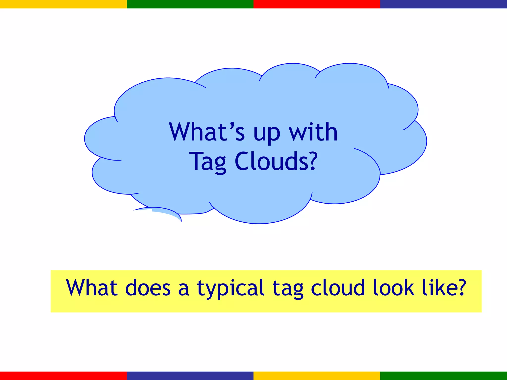 What’s up with Tag Clouds? What does a typical tag cloud look like? 