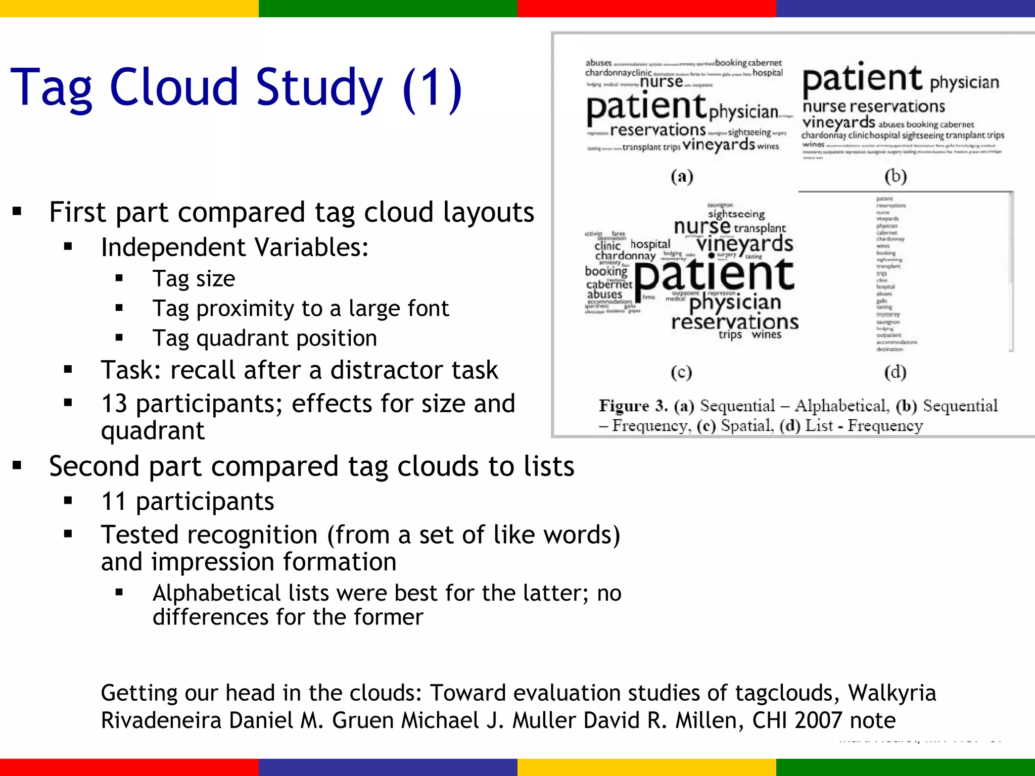 Tag Cloud Study (1) First part compared tag cloud layouts Independent Variables: Tag size Tag proximity to a large font Tag quadrant position Task: recall after a distractor task 13 participants; effects for size and quadrant Second part compared tag clouds to lists 11 participants Tested recognition (from a set of like words) and impression formation Alphabetical lists were best for the latter; no differences for the former Getting our head in the clouds: Toward evaluation studies of tagclouds, Walkyria Rivadeneira Daniel M. Gruen Michael J. Muller David R. Millen, CHI 2007 note  