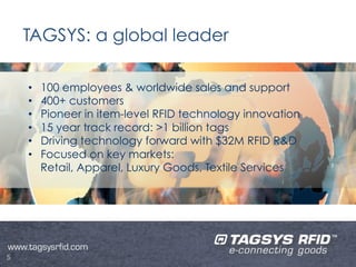 TAGSYS: a global leader

    •    100 employees & worldwide sales and support
    •    400+ customers
    •    Pioneer in item-level RFID technology innovation
    •    15 year track record: >1 billion tags
    •    Driving technology forward with $32M RFID R&D
    •    Focused on key markets:
         Retail, Apparel, Luxury Goods, Textile Services




www.tagsysrfid.com
5
 