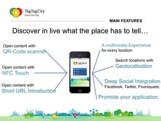 MAIN FEATURES

     Discover in live what the place has to tell…
Open content with                A multimedia Experience
...