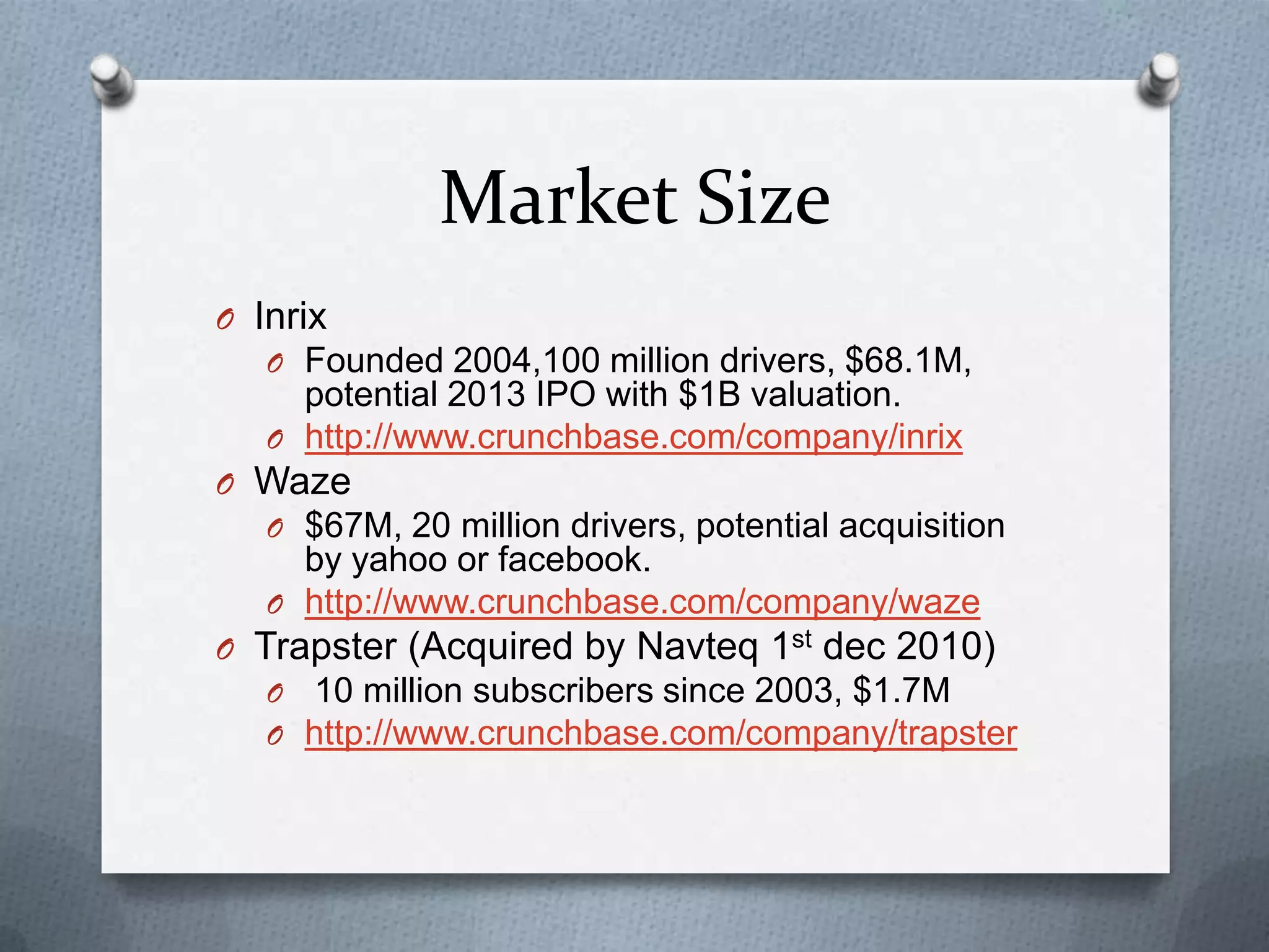 Market Size
O Inrix
O Founded 2004,100 million drivers, $68.1M,
potential 2013 IPO with $1B valuation.
O http://www.crunchbase.com/company/inrix
O Waze
O $67M, 20 million drivers, potential acquisition
by yahoo or facebook.
O http://www.crunchbase.com/company/waze
O Trapster (Acquired by Navteq 1st dec 2010)
O 10 million subscribers since 2003, $1.7M
O http://www.crunchbase.com/company/trapster
 