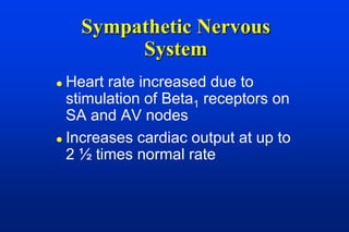 Sympathetic Nervous
         System
 Heart rate increased due to
  stimulation of Beta1 receptors on
  SA and AV nodes
 Increases cardiac output at up to
  2 ½ times normal rate
 