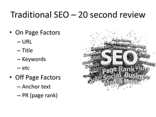 Traditional SEO – 20 second review
• On Page Factors
  – URL
  – Title
  – Keywords
  – etc
• Off Page Factors
  – Anchor text
  – PR (page rank)
 