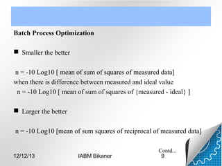 Batch Process Optimization
 Smaller the better
n = -10 Log10 [ mean of sum of squares of measured data]
when there is difference between measured and ideal value
n = -10 Log10 [ mean of sum of squares of {measured - ideal} ]
 Larger the better
n = -10 Log10 [mean of sum squares of reciprocal of measured data]

12/12/13

IABM Bikaner

Contd...
9

 