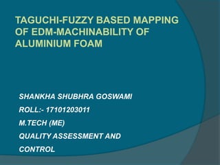 TAGUCHI-FUZZY BASED MAPPING
OF EDM-MACHINABILITY OF
ALUMINIUM FOAM
SHANKHA SHUBHRA GOSWAMI
ROLL:- 17101203011
M.TECH (ME)
QUALITY ASSESSMENT AND
CONTROL
 