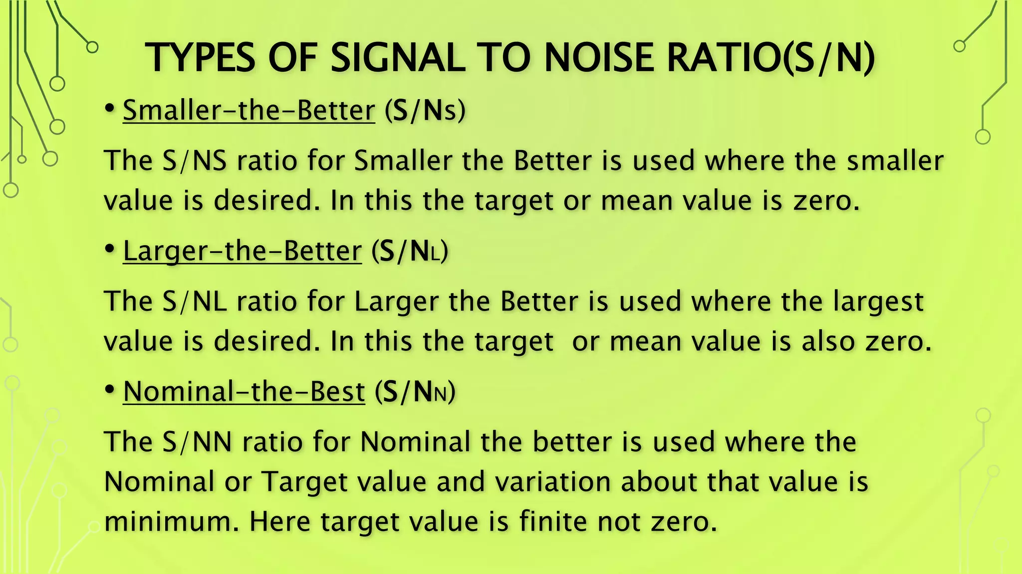 TYPES OF SIGNAL TO NOISE RATIO(S/N)
• Smaller-the-Better (S/Ns)
The S/NS ratio for Smaller the Better is used where the smaller
value is desired. In this the target or mean value is zero.
• Larger-the-Better (S/NL)
The S/NL ratio for Larger the Better is used where the largest
value is desired. In this the target or mean value is also zero.
• Nominal-the-Best (S/NN)
The S/NN ratio for Nominal the better is used where the
Nominal or Target value and variation about that value is
minimum. Here target value is finite not zero.
 