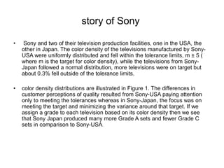 story of Sony
• Sony and two of their television production facilities, one in the USA, the
other in Japan. The color density of the televisions manufactured by Sony-
USA were uniformly distributed and fell within the tolerance limits, m ± 5 (
where m is the target for color density), while the televisions from Sony-
Japan followed a normal distribution, more televisions were on target but
about 0.3% fell outside of the tolerance limits.
• color density distributions are illustrated in Figure 1. The differences in
customer perceptions of quality resulted from Sony-USA paying attention
only to meeting the tolerances whereas in Sony-Japan, the focus was on
meeting the target and minimizing the variance around that target. If we
assign a grade to each television based on its color density then we see
that Sony Japan produced many more Grade A sets and fewer Grade C
sets in comparison to Sony-USA.
 