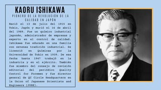 KAORU ISHIKAWA
Nació el 13 de julio del 1915 en
Tokio, Japón y murió el 16 de abril
del 1989. Fue un químico industrial
japonés, administrador de empresas y
experto en el control de calidad.
Ishikawa fue educado en una familia
con extensa tradición industrial. Se
licenció en Químicas por la
Universidad de Tokio en 1939. De esa
fecha hasta 1947 trabajó en la
industria y en el ejército. También
fue miembro del consejo de revisión
editorial del periódico Quality
Control for Foremen y fue director
general de QC Circle Headquarters en
la Union of Japanese Scientists and
Engineers (JUSE).
P I O N E R O D E L A R E V O L U C I Ó N D E L A
C A L I D A D E N J A P Ó N
 