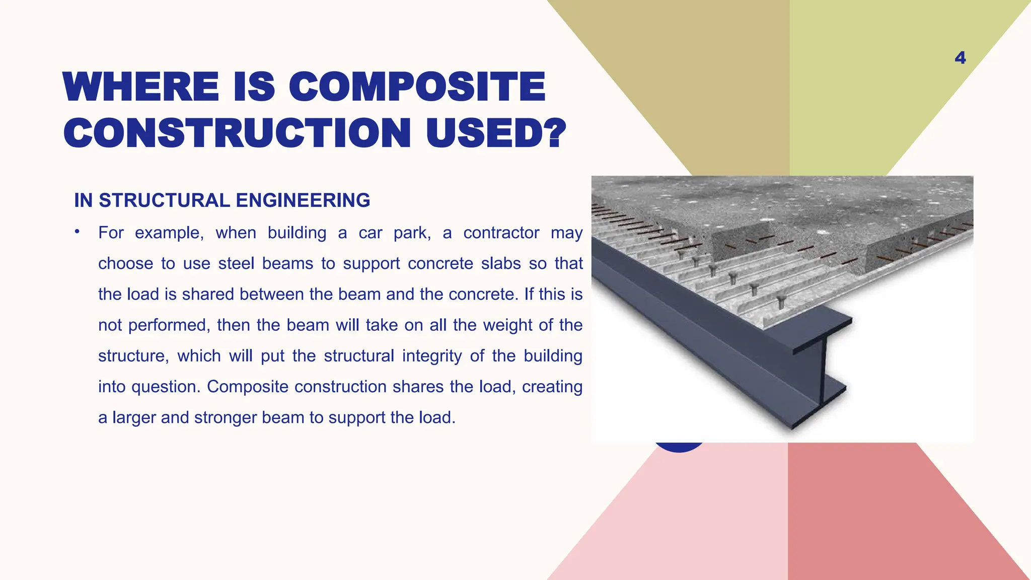 WHERE IS COMPOSITE
CONSTRUCTION USED?
IN STRUCTURAL ENGINEERING
• For example, when building a car park, a contractor may
choose to use steel beams to support concrete slabs so that
the load is shared between the beam and the concrete. If this is
not performed, then the beam will take on all the weight of the
structure, which will put the structural integrity of the building
into question. Composite construction shares the load, creating
a larger and stronger beam to support the load.
4
 