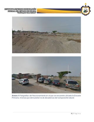 9 | P á g i n a
Anexo 1:Fotografías del fraccionamiento en el que se encuentra ubicado la Escuela
Primaria, mismas que demuestran la de decadencia del componente natural.
 