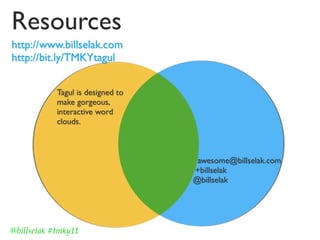 Resources
http://www.billselak.com
http://bit.ly/TMKYtagul


            Tagul is designed to
            make gorgeous,
            interactive word
            clouds.



                                    awesome@billselak.com
                                   +billselak
                                   @billselak




@billselak #tmky11
 