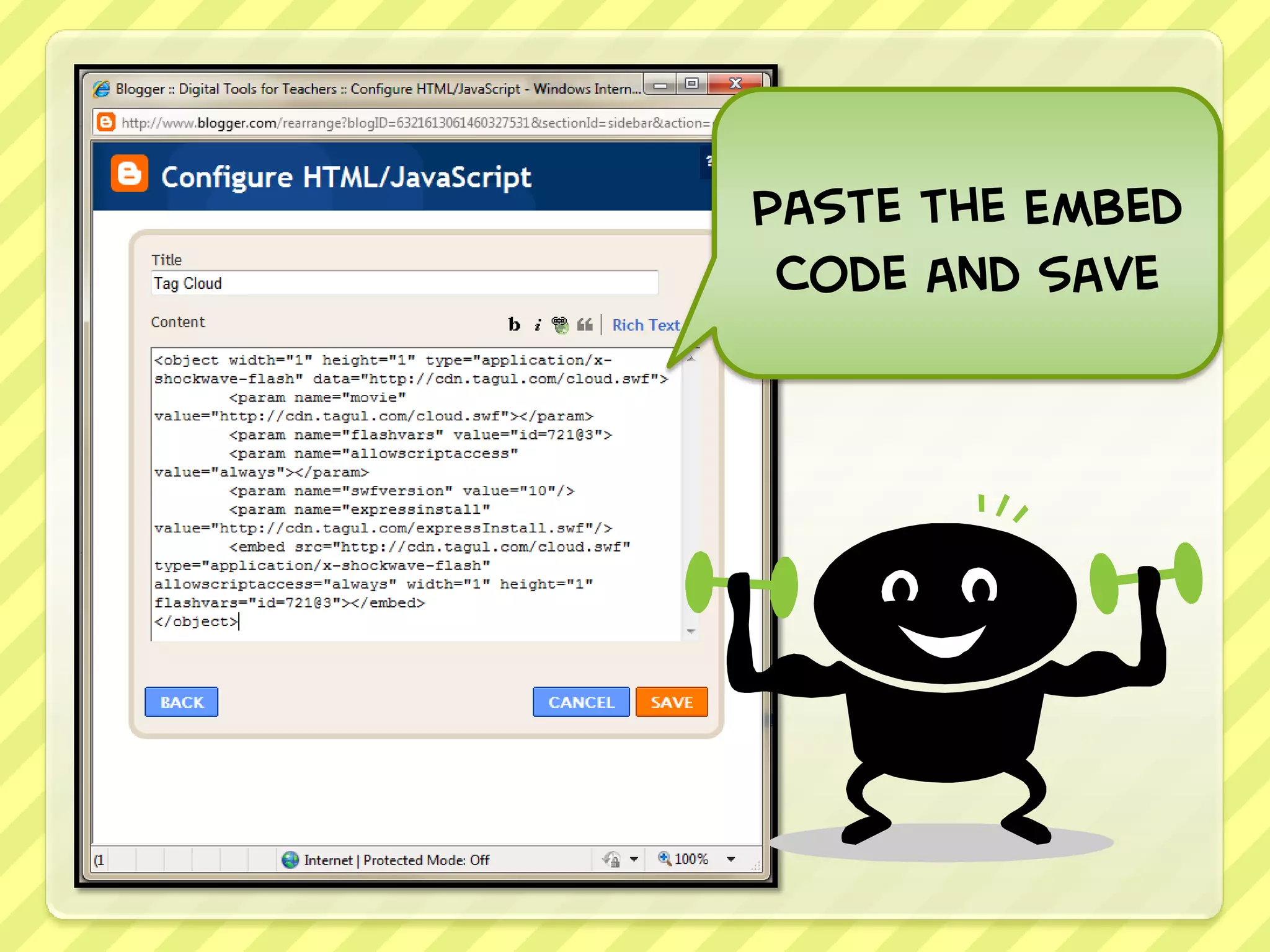 Paste the Embed
 Code and save
 