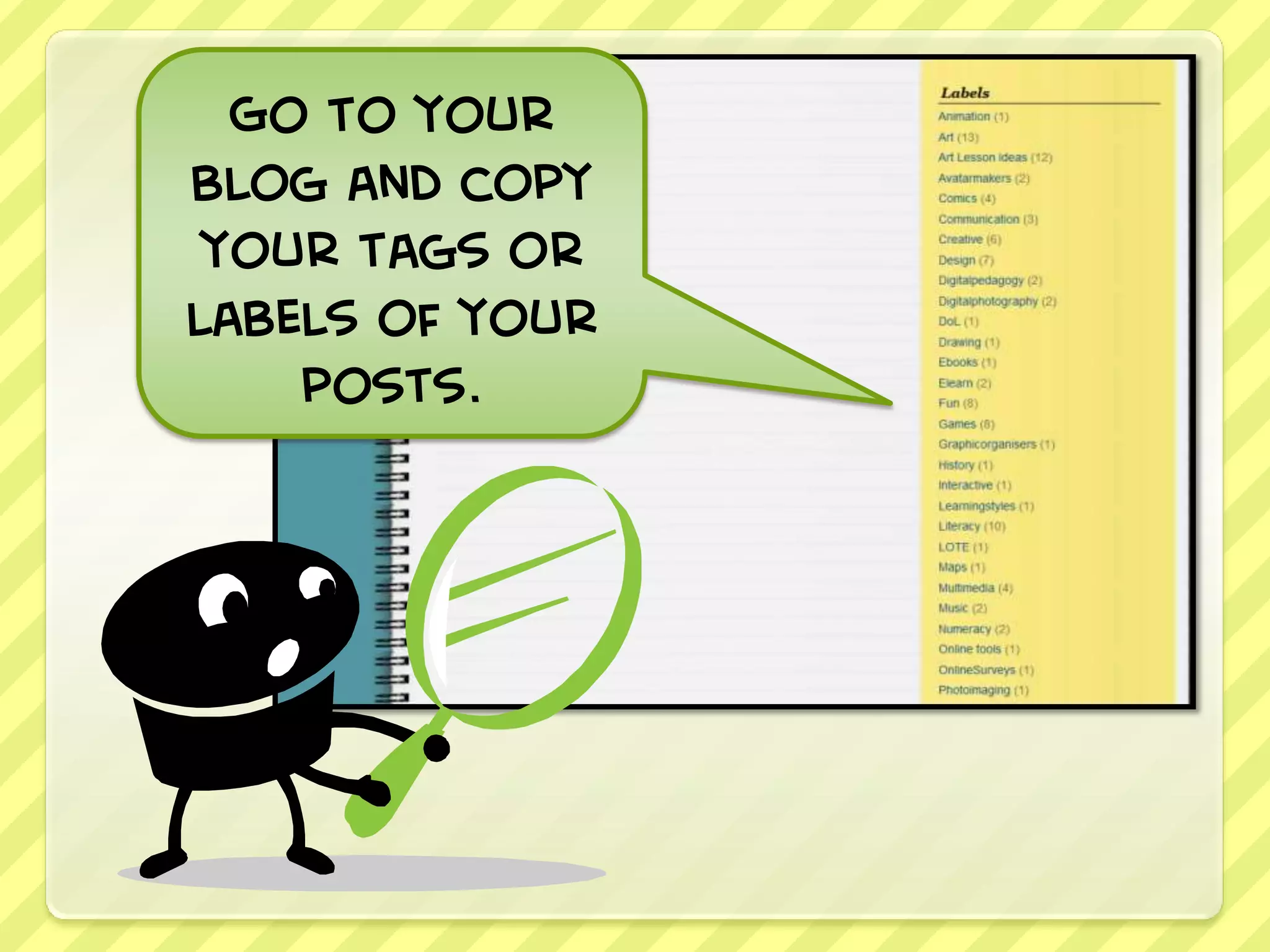 Go to your
blog and copy
 your tags or
labels of your
    posts.
 