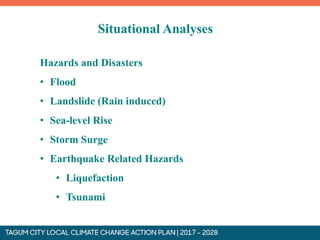 Situational Analyses
Hazards and Disasters
• Flood
• Landslide (Rain induced)
• Sea-level Rise
• Storm Surge
• Earthquake Related Hazards
• Liquefaction
• Tsunami
 