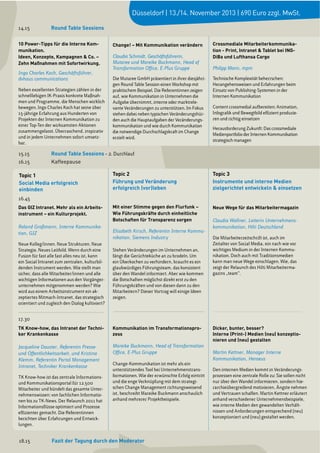 Das GIZ Intranet. Mehr als ein Arbeits-
instrument – ein Kulturprojekt.
Roland Großmann, Interne Kommunika-
tion, GIZ
Neue Kolleg/innen. Neue Strukturen. Neue
Strategie. Neues Leitbild. Wenn durch eine
Fusion für fast alle fast alles neu ist, kann
ein Social Intranet zum zentralen, kulturbil-
denden Instrument werden. Wie stellt man
sicher, dass alle Mitarbeiter/innen und alle
wichtigen Informationen aus den Vorgänger-
unternehmen mitgenommen werden? Wie
wird aus einem Arbeitsinstrument ein ak-
zeptiertes Mitmach-Intranet, das strategisch
orientiert und zugleich den Dialog kultiviert?
10 Power-Tipps für die Interne Kom-
munikation.
Ideen, Konzepte, Kampagnen & Co. –
Zehn Maßnahmen mit Sofortwirkung.
Ingo Charles Koch, Geschäftsführer,
dvhaus communications
Neben exzellenten Strategien zählen in der
schnelllebigen IK-Praxis konkrete Maßnah-
men und Programme, die Menschen wirklich
bewegen. Ingo Charles Koch hat seine über
15-jährige Erfahrung aus Hunderten von
Projekten der Internen Kommunikation zu
einer Top-Ten der wirksamsten Aktionen
zusammengefasst. Überraschend, inspirativ
und in jedem Unternehmen sofort umsetz-
bar.
Change! – Mit Kommunikation verändern
Claudia Schmidt, Geschäftsführerin,
Mutaree und Mareike Buckmann, Head of
Transformation Office, E-Plus Gruppe
Die Mutaree GmbH präsentiert in ihrer diesjähri-
gen Round Table Session einen Workshop mit
praktischem Beispiel. Die Referentinnen zeigen
auf, wie Kommunikation in Unternehmen die
Aufgabe übernimmt, interne oder marktrele-
vante Veränderungen zu unterstützen. Im Fokus
stehen dabei neben typischen Veränderungshür-
den auch die Hauptaufgaben der Veränderungs-
kommunikation und wie durch Kommunikation
die notwendige Durchschlagskraft im Change
erzielt wird.
17.30
TK Know-how, das Intranet der Techni-
ker Krankenkasse
Jacqueline Dauster, Referentin Presse-
und Öffentlichkeitsarbeit, und Kristina
Klemm, Referentin Portal Management
Intranet, Techniker Krankenkasse
TK Know-how ist das zentrale Informations-
und Kommunikationsportal für 12.500
Mitarbeiter und bündelt das gesamte Unter-
nehmenswissen: von fachlichen Informatio-
nen bis zu TK-News. Der Relaunch 2011 hat
Informationsflüsse optimiert und Prozesse
effizienter gemacht. Die Referentinnen
berichten über Erfahrungen und Entwick-
lungen.
Mit einer Stimme gegen den Flurfunk –
Wie Führungskräfte durch einheitliche
Botschaften für Transparenz sorgen
Elisabeth Kirsch, Referentin Interne Kommu-
nikation, Siemens Industry
Stehen Veränderungen im Unternehmen an,
fängt die Gerüchteküche an zu brodeln. Um
ein Überkochen zu verhindern, braucht es ein
glaubwürdiges Führungsteam, das konsistent
über den Wandel informiert. Aber wie kommen
die Botschaften möglichst direkt erst zu den
Führungskräften und von diesen dann zu den
Mitarbeitern? Dieser Vortrag will einige Ideen
zeigen.
Kommunikation im Transformationspro-
zess
Mareike Buckmann, Head of Transformation
Office, E-Plus Gruppe
Change-Kommunikation ist mehr als ein
unterstützendes Tool bei Unternehmenstrans-
formationen. Wie der erwünschte Erfolg eintritt
und die enge Verknüpfung mit dem strategi-
schen Change Management richtungsweisend
ist, beschreibt Mareike Buckmann anschaulich
anhand mehrerer Projektbeispiele.
Neue Wege für das Mitarbeitermagazin
Claudia Wallner, Leiterin Unternehmens-
kommunikation, Hilti Deutschland
Die Mitarbeiterzeitschrift ist, auch im
Zeitalter von Social Media, ein nach wie vor
wichtiges Medium in der Internen Kommu-
nikation. Doch auch mit Traditionsmedien
kann man neue Wege einschlagen. Wie, das
zeigt der Relaunch des Hilti Mitarbeiterma-
gazins „team“.
Dicker, bunter, besser?
Interne (Print-) Medien (neu) konzeptio-
nieren und (neu) gestalten
Martin Kettner, Manager Interne
Kommunikation, Heraeus
Den internen Medien kommt in Veränderungs-
prozessen eine zentrale Rolle zu: Sie sollen nicht
nur über den Wandel informieren, sondern hie-
rarchieübergreifend motivieren, Ängste nehmen
und Vertrauen schaffen. Martin Kettner erläutert
anhand verschiedener Unternehmensbeispiele,
wie interne Medien den gewandelten Verhält-
nissen und Anforderungen entsprechend (neu)
konzeptioniert und (neu) gestaltet werden.
14.15 Round Table Sessions
15.15 Round Table Sessions – 2. Durchlauf
16.15 Kaffeepause
16.45
18.15 Fazit der Tagung durch den Moderator
Crossmediale Mitarbeiterkommunika-
tion - Print, Intranet & Tablet bei ING-
DiBa und Lufthansa Cargo
Philipp Mann, mpm
Technische Komplexität beherrschen:
Herangehensweisen und Erfahrungen beim
Einsatz von Publishing-Systemen in der
Internen Kommunikation
Content crossmedial aufbereiten: Animation,
Infografik und Bewegtbild effizient produzie-
ren und richtig einsetzen
Herausforderung Zukunft: Das crossmediale
Medienportfolio der Internen Kommunikation
strategisch managen
Topic 1
Social Media erfolgreich
einbinden
Topic 2
Führung und Veränderung
erfolgreich (vor)leben
Topic 3
Instrumente und interne Medien
zielgerichtet entwickeln & einsetzen
Düsseldorf | 13./14. November 2013 | 690 Euro zzgl. MwSt.
 