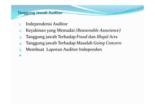 Tanggung Jawab Auditor

1.   Independensi Auditor
2.   Keyakinan yang Memadai (Reasonable Assurance)
3.   Tanggung jawab Terhadap Fraud dan Illegal Acts
4.   Tanggung jawab Terhadap Masalah Going Concern
5.   Membuat Laporan Auditor Independen

 