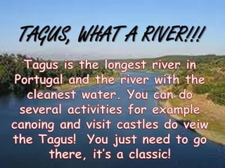 TAGUS, WHAT A RIVER!!! Tagus is the longest river in Portugal and the river with the cleanest water. You can do several activities for example canoing and visit castles do veiw the Tagus!  You just need to go there, it’s a classic! 