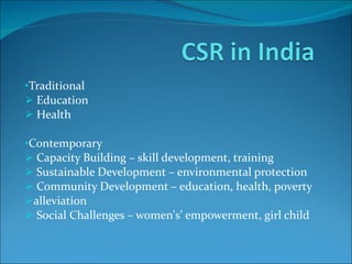Traditional Education Health Contemporary Capacity Building – skill development, training Sustainable Development – environmental protection Community Development – education, health, poverty alleviation Social Challenges – women's’ empowerment, girl child 