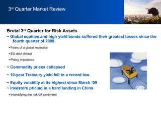 3 rd  Quarter Market Review Brutal 3 rd  Quarter for Risk Assets  ~ Global equities and high yield bonds suffered their greatest losses since the fourth quarter of 2008 Fears of a global recession  EU debt default  Policy impotence ~ Commodity prices collapsed  ~ 10-year Treasury yield fell to a record low ~ Equity volatility at its highest since March ’09 ~ Investors pricing in a hard landing in China Intensifying the risk-off sentiment 