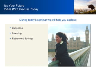Budgeting Investing Retirement Savings During today’s seminar we will help you explore: It’s Your Future What We’ll Discuss Today 