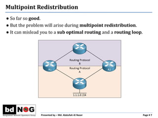 Presented by – Md. Abdullah Al Naser Page # 7
Multipoint Redistribution
● So far so good.
● But the problem will arise during multipoint redistribution.
● It can mislead you to a sub optimal routing and a routing loop.
 