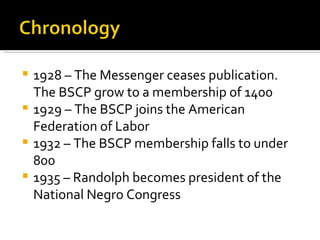  1928 – The Messenger ceases publication.
  The BSCP grow to a membership of 1400
 1929 – The BSCP joins the American
  Federation of Labor
 1932 – The BSCP membership falls to under
  800
 1935 – Randolph becomes president of the
  National Negro Congress
 