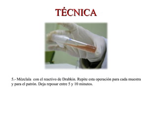 5.- Mézclala con el reactivo de Drabkin. Repite esta operación para cada muestra5.- Mézclala con el reactivo de Drabkin. Repite esta operación para cada muestra
y para el patrón. Deja reposar entre 5 y 10 minutos.y para el patrón. Deja reposar entre 5 y 10 minutos.
TÉCNICATÉCNICA
 