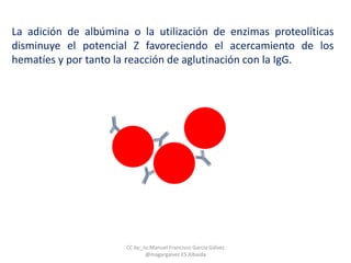 La adición de albúmina o la utilización de enzimas proteolíticas
disminuye el potencial Z favoreciendo el acercamiento de los
hematíes y por tanto la reacción de aglutinación con la IgG.
CC by_nc Manuel Francisco García Gálvez
@magargalvez ES Albaida
 