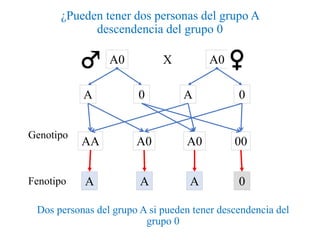 ¿Pueden tener dos personas del grupo A
descendencia del grupo 0
Dos personas del grupo A si pueden tener descendencia del
grupo 0
XA0 A0
A 0 0
AA A0 00A0
Genotipo
A
Fenotipo A A A 0
 