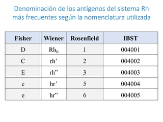 Fisher Wiener Rosenfield IBST
D Rh0 1 004001
C rh’ 2 004002
E rh” 3 004003
c hr’ 5 004004
e hr” 6 004005
Denominación de los antígenos del sistema Rh
más frecuentes según la nomenclatura utilizada
 