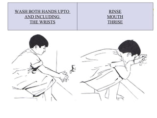 WASH BOTH HANDS UPTO
AND INCLUDING
THE WRISTS
RINSE
MOUTH
THRISE
 