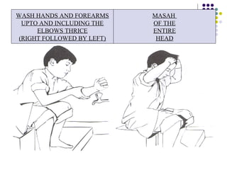 WASH HANDS AND FOREARMS
UPTO AND INCLUDING THE
ELBOWS THRICE
(RIGHT FOLLOWED BY LEFT)
MASAH
OF THE
ENTIRE
HEAD
 