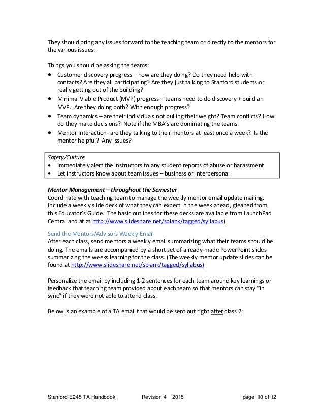 Teaching Assistant Handbook For The Lean Launchpad Course - 