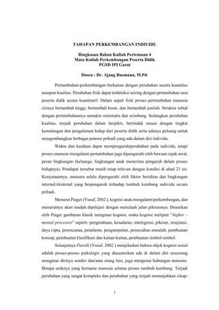 1
TAHAPAN PERKEMBANGAN INDIVIDU
Ringkasan Bahan Kuliah Pertemuan 4
Mata Kuliah Perkembangan Peserta Didik
PGSD IPI Garut
Dosen : Dr. Ajang Rusmana, M.Pd.
Pertumbuhan-perkembangan berkaitan dengan perubahan secara kuantitas
maupun kualitas. Perubahan fisik dapat terdeteksi seiring dengan pertambahan usia
peserta didik secara kuantitatif. Dalam aspek fisik proses pertumbuhan manusia
cirinya bertambah tinggi, bertambah besar, dan bertambah jumlah. Struktur tubuh
dengan pertumbuhannya semakin sistematis dan seimbang. Sedangkan perubahan
kualitas, terjadi perubahan dalam berpikir, bertindak sesuai dengan tingkat
kematangan dan pengalaman hidup dari peserta didik serta adanya peluang untuk
mengembangkan berbagai potensi pribadi yang ada dalam diri individu.
Waktu dan keadaan dapat mempengaruhiperubahan pada individu, tetapi
proses manusia mengalami pertumbuhan juga dipengaruhi oleh bawaan sejak awal,
peran lingkungan (keluarga, lingkungan anak menerima pengaruh dalam proses
hidupnya). Pendapat tersebut masih tetap relevan dengan kondisi di abad 21 ini.
Kenyataannya, manusia selalu dipengaruhi oleh faktor heriditas dan lingkungan
internal/eksternal yang berpengaruh terhadap tumbuh kembang individu secara
pribadi.
Menurut Piaget (Yusuf, 2002 ), kognisi anak mengalami perkembangan, dan
menurutnya akan mudah dipelajari dengan menelaah jalan pikirannya. Diuraikan
oleh Piaget gambaran klasik mengenai kognisi, maka kognisi meliputi “higher –
mental processes” seperti: pengetahuan, kesadaran, intelegensi, pikiran, imajinasi,
daya cipta, perencanaa, penalaran, pengumpulan, pemecahan masalah, pembuatan
konsep, pembuatan klasifikasi dan kaitan-kaitan, pembuatan simbol-simbol.
Selanjutnya Flavell (Yusuf, 2002 ) menjelaskan bahwa objek kognisi sosial
adalah proses-proses psikologis yang diasumsikan ada di dalam diri seseorang
mengenai dirinya sendiri dan/atau orang lain, juga mengenai hubungan manusia.
Betapa uniknya yang bernama manusia selama proses tumbuh kembang. Terjadi
perubahan yang sangat kompleks dan perubahan yang terjadi menunjukkan sikap-
 