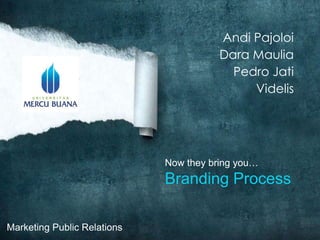 Andi Pajoloi
Dara Maulia
Pedro Jati
Videlis
Now they bring you…
Branding Process
Marketing Public Relations
 